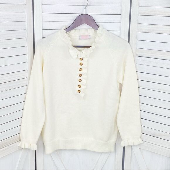 C+D+M Ruffle Trim Half Button Pullover Sweater Ivory Small Coquette Victorian - Picture 7 of 13